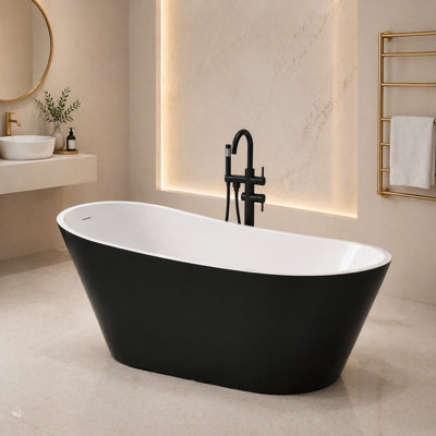 Baignoire îlot en acrylique de 150 cm (59 po), de forme ovale, avec bonde centrale et trop-plein intégré, noir lustré