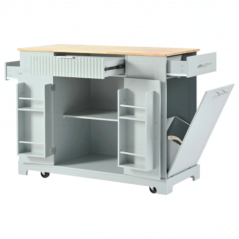 Îlot de cuisine cannelé avec armoire de rangement pour poubelle, prise de courant, support de rangement interne, îlots de cuisine roulants sur 5 roues avec 3 tiroirs, 3 supports latéraux ouverts pour poubelle de 10 gallons, gris-bleu