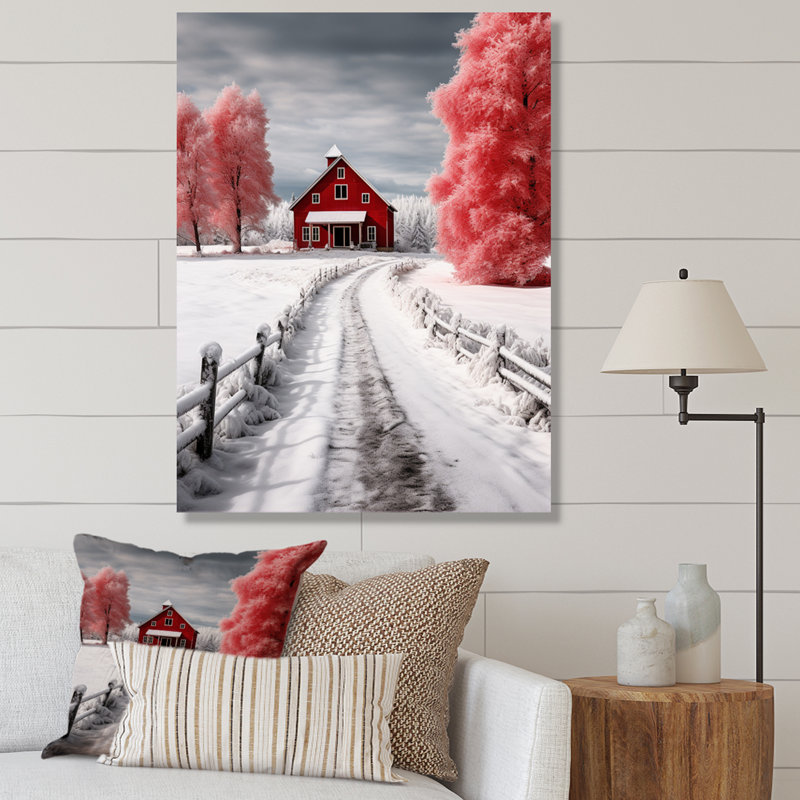 «Red and White Winters Barn», reproduction sur toile encadrée, H 32 po x l 16 po, Toile tendue