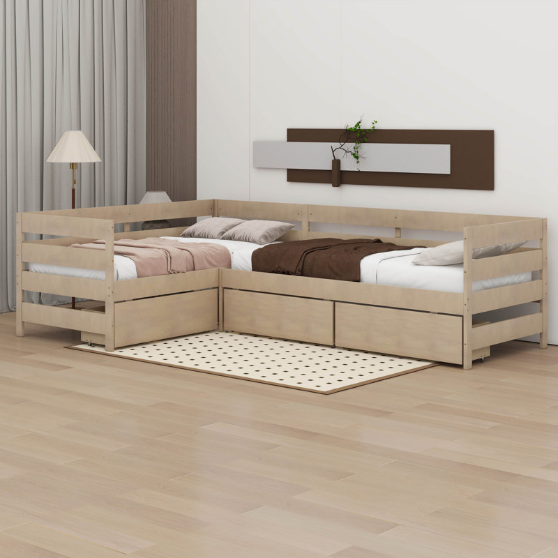Twin Size L-Shaped Bed Frame With Drawers And Space-Saving 2 Beds In 1 Design, Natural