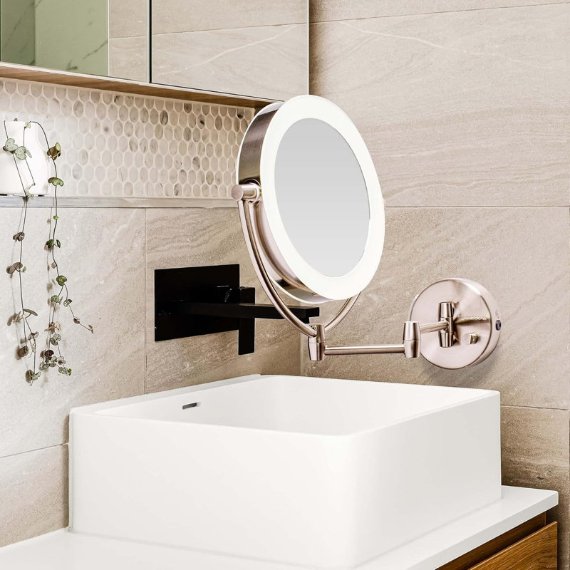 Miroir de maquillage mural lumineux 7,5 po Ovente, loupe 1X et 10X, DEL ronde double face avec gradateur, bras extensible, rétractable et pliant, nickel brossé alimenté par pile USB MLW75BR1X10X