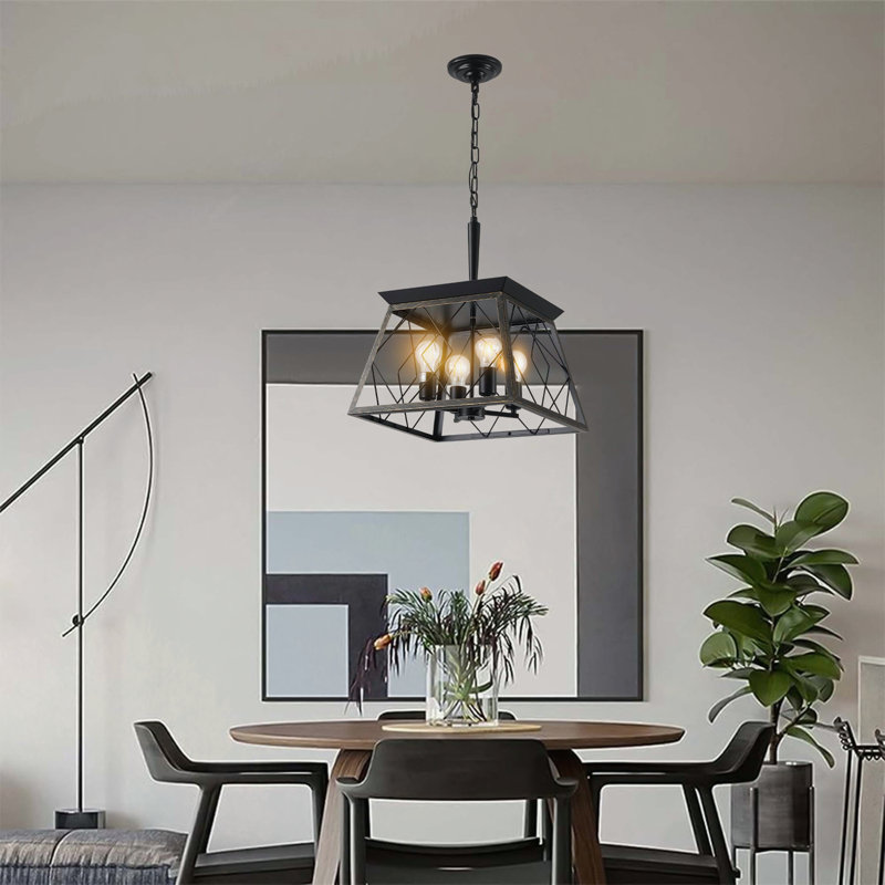 Industrial 4-Light Pendant Chandelier, Modern Metal Cage Design, Adjustable Hanging Light for Dining Room, Kitchen, Living Room (No Bulbs)
