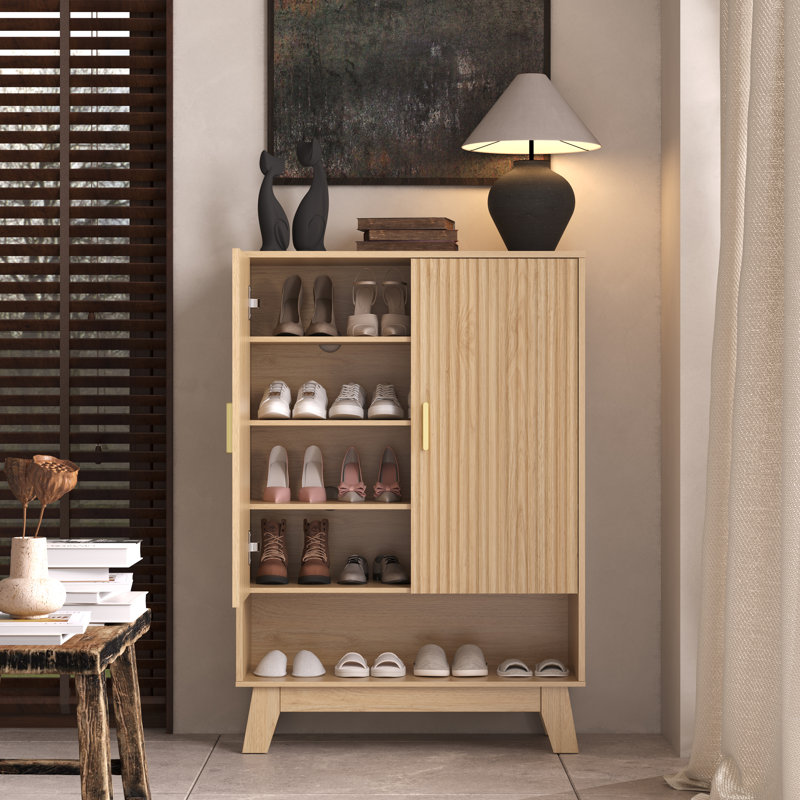 Armoire à chaussures à double porte Wavy relief avec tablettes réglables, rangement ouvert, solution de rangement minimaliste moderne