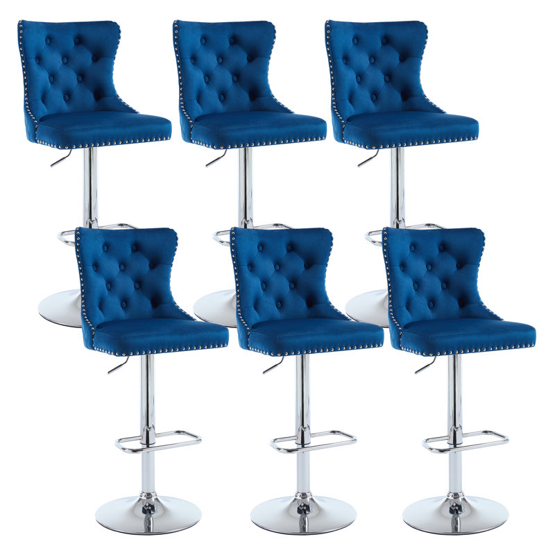 Swivel Adjustable Height Counter Stool With Metal Frame, Silver, Dark Blue