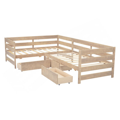 Lit plateforme simple en forme de L avec trois tiroirs de rangement, naturel