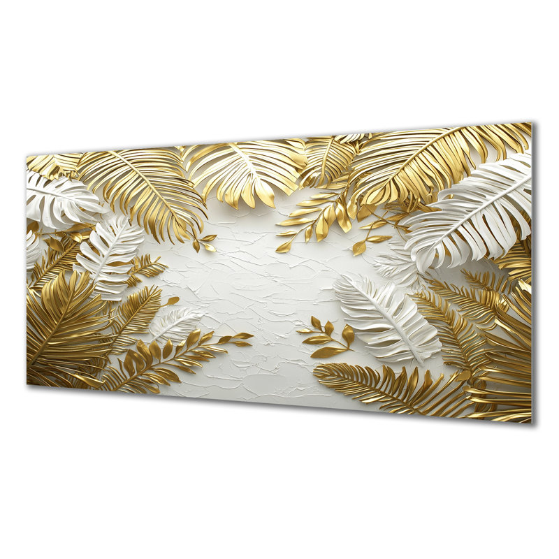 Golden Cream Palms Reunion I - palmiers, art mural en métal pour le salon, H 28 po x l 60 po