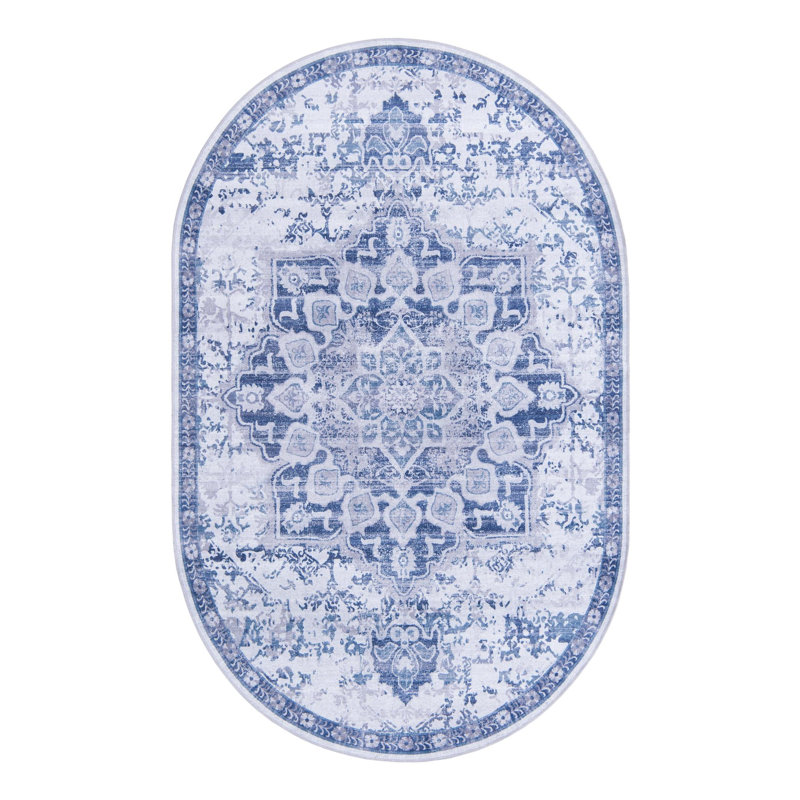 Matsumura Oriental Gray/Blue Area Rug, Oval 5'11" x 9'