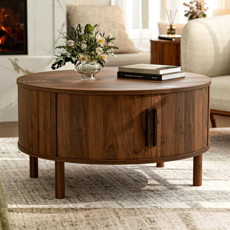 Table basse, table basse ronde moderne avec armoires et portes coulissantes, petit espace domestique, table centrale cannelée (noyer)