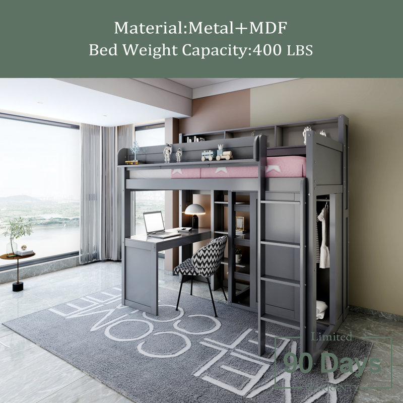 Lit mezzanine simple Jaleesia, pour enfants, Gris