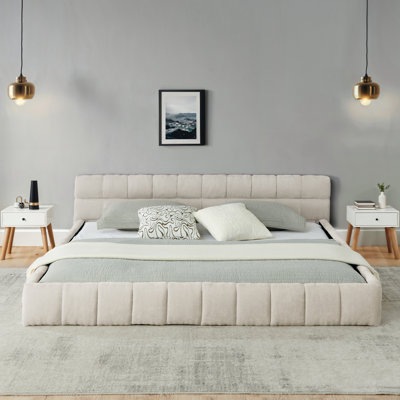 California King size Upholstered Bed Frame with Thick Fabric, Chenille Fabric Grounded Queen Size Platform Bed with Headboard and Solid Frame