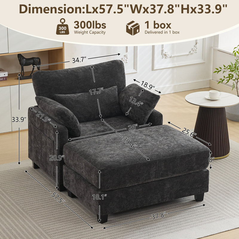 37.8" W Upholstered Chenille Armchair with Ottoman, Gray