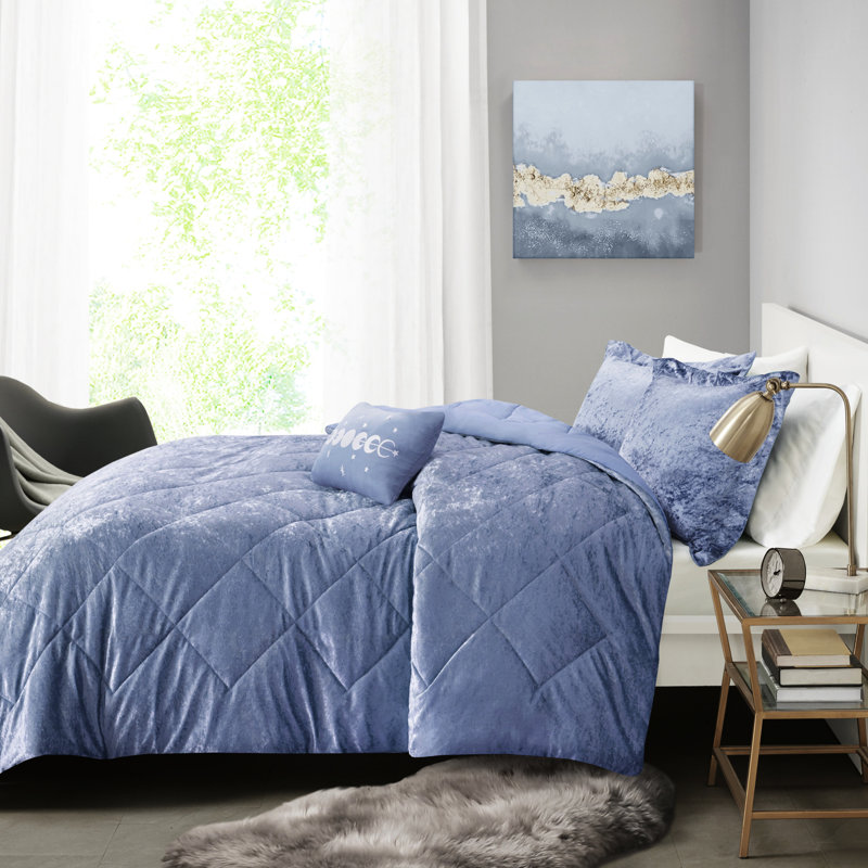 Luxueux édredon en velours bleu pervenche pour très grand / très grand lit - 2 taies décoratives et 1 oreiller rembourrés lavables à la machine Laver facilement avec un appareil