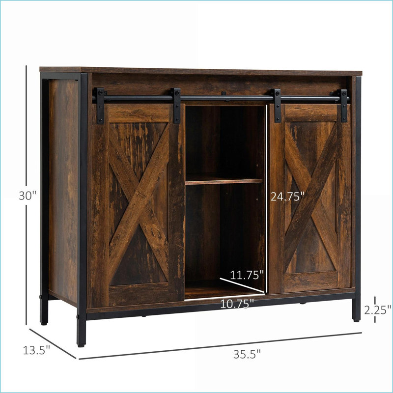 Buffet Buffet | Brun campagne industriel rustique | Portes de grange coulissantes, tablettes réglables | Bois aggloméré + acier