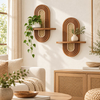 Ensemble de 2 tablettes flottantes en rotin et bois massif pour plantes