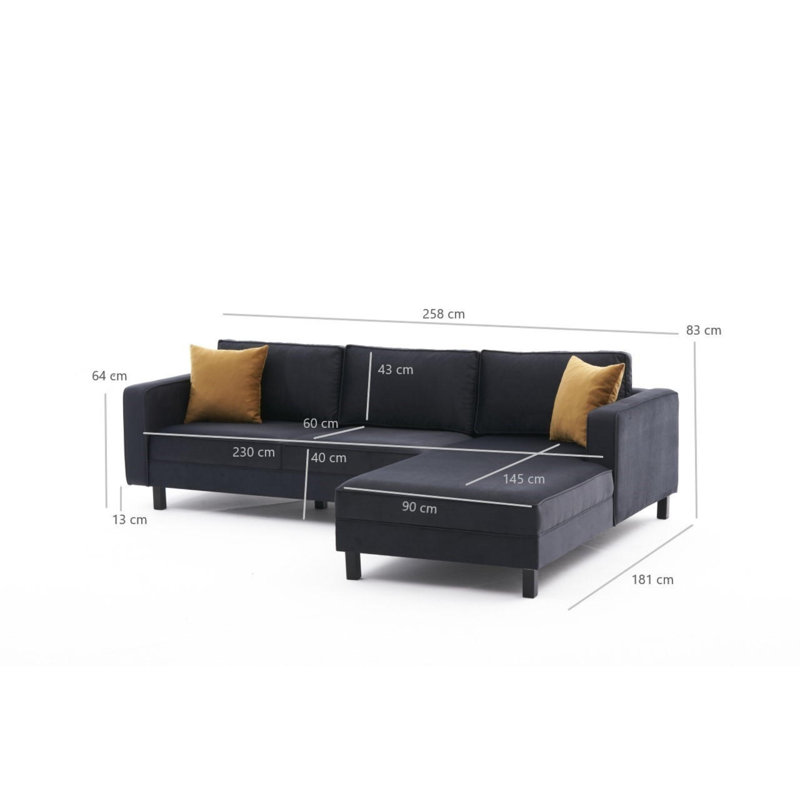 Modern Corner Sofa - Anthracite, Beech Wood Frame, 101.6 x 32.7 x 71.3 Inches | 100% Velvet Polyester Fabric, 28 DNS Foam & Fiber Cushions | Stylish & Comfortable for Living Room, Industrial & Scandinavian Design