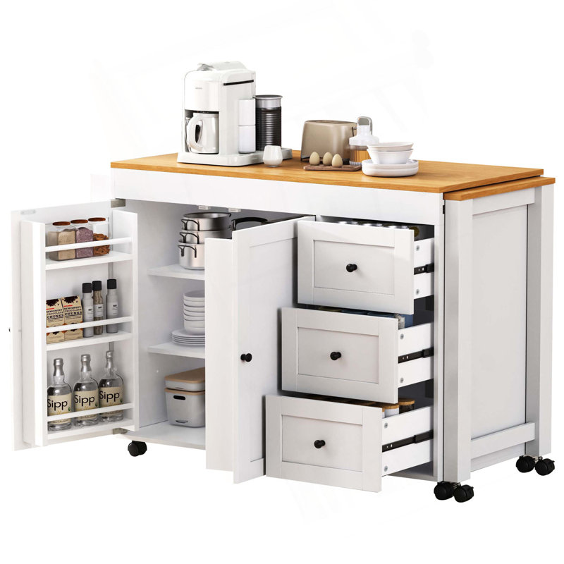 74.8" Kitchen Island With Extendable Dining Table, Kitchen Storage Cart With 3 Drawers, Power Outlet, Rolling Kitchen Island On Wheels With Spice Rack And 2 Door Cabinet, For Kitchen