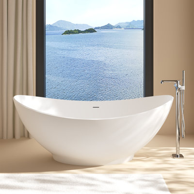 Baignoire de trempage autoportante en résine solide avec drain et trop-plein 67 po. X 32 po. Blanc mat
