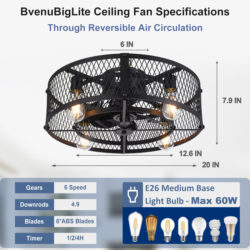  Ventilateur de plafond encastré en cage 20 po noir avec lumière, télécommande, moteur CC réversible à 6 vitesses, ferme rustique Fandelier