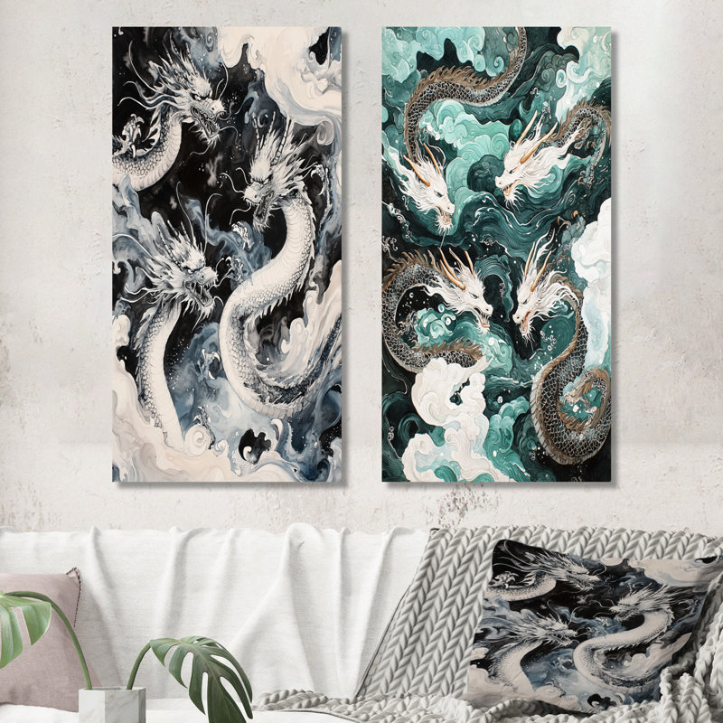 «Chinese Majestic Dragons Fight I», ensemble de 2 décorations murales abstraites modernes, H 40 po x l 40 po, Toile tendue