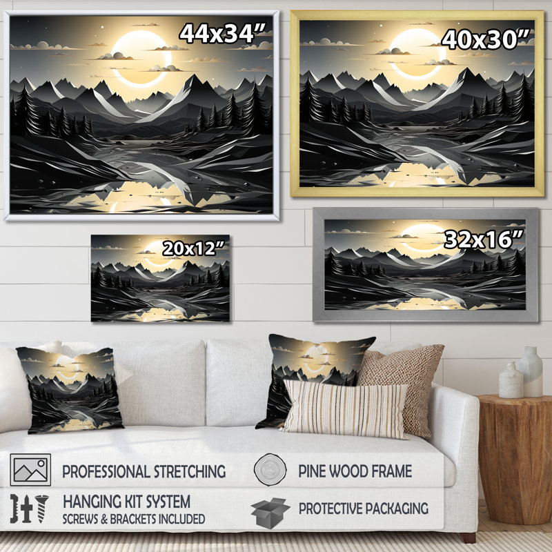 Silhouette de lune, sommet de montagne, paysage - montagnes, art mural, Cadre flottant doré, H 16 po x l 32 po x P 1 po