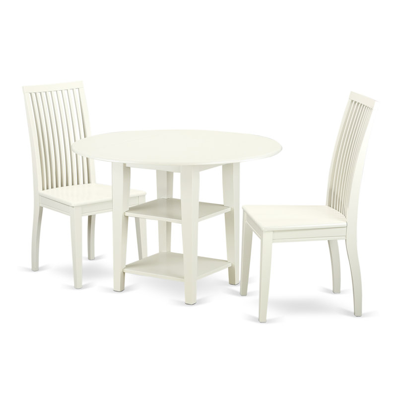 3 Piece Dining Room Table Set Contains a Round Kitchen Table with Dropleaf & Shelves and 2 Dining Chairs, Linen White