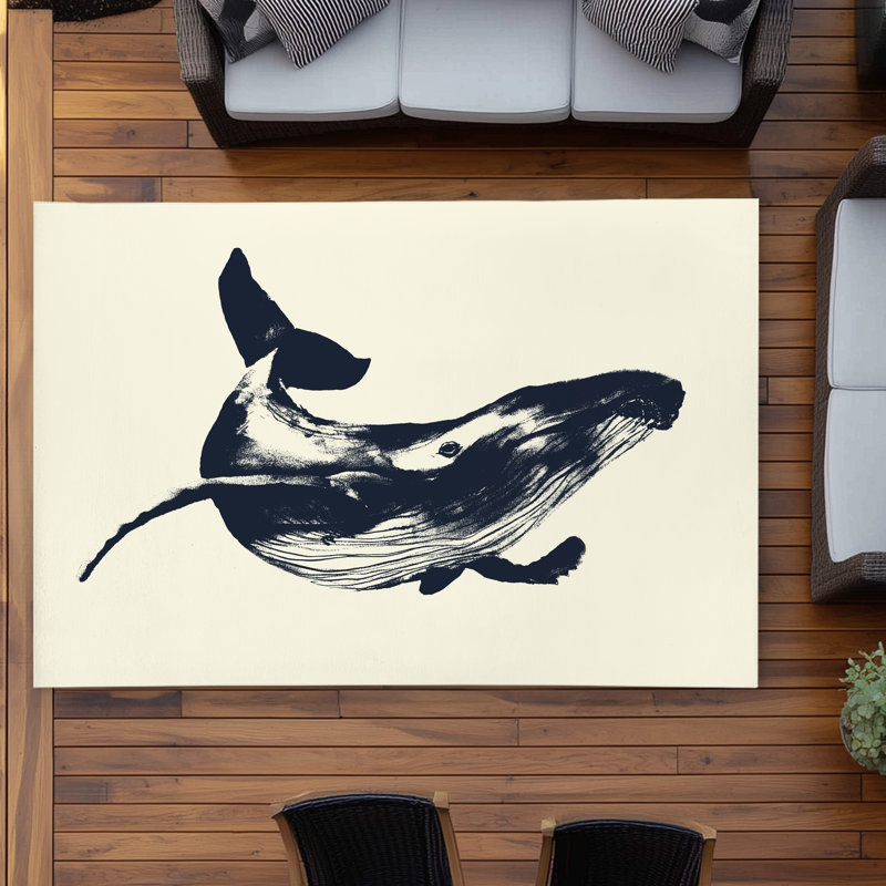 Blue Whale Sketch Outdoor Area Rug | Aquatic Animal Decor, Rectangle 5'2" x 7'2"