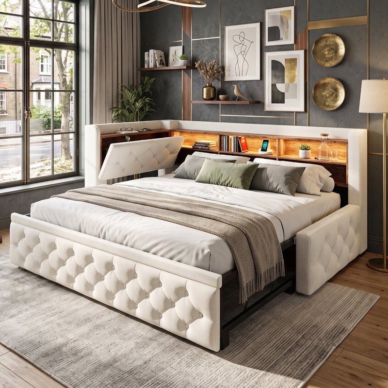 Smart Upholstered Storage Daybeds Upholstered Velvet Daybed, Beige