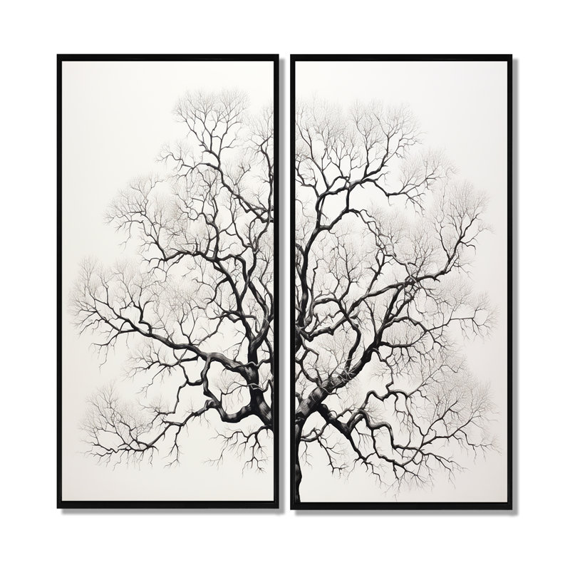 Minimalisme, arbres noirs et blancs en chêne - Art mural traditionnel, 40" H x 40" W, Black, Impression encadrée flottante