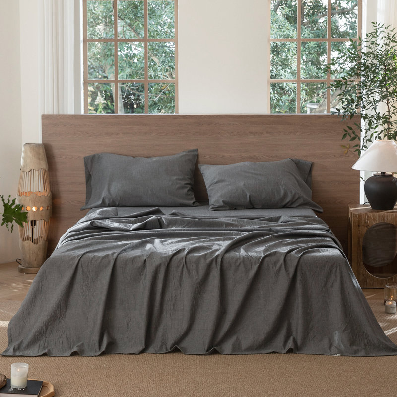 Ensemble de draps MooMee, Ensemble de draps pour grand lit avec 2 taies d'or, Gris foncé
