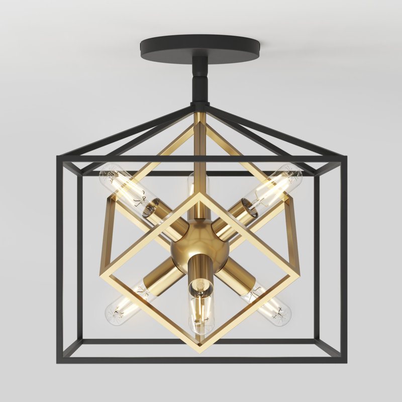 Matte Black and Gold Geometric Semi-Flush Mount Ceiling Light