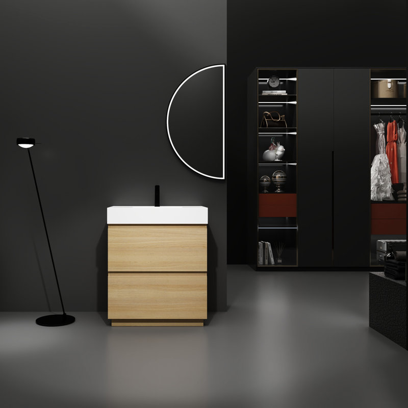 Meuble-lavabo 30 po avec lavabo simple - Armoire autoportante en chêne avec double tiroir encastré en bois d'ingénierie moderne