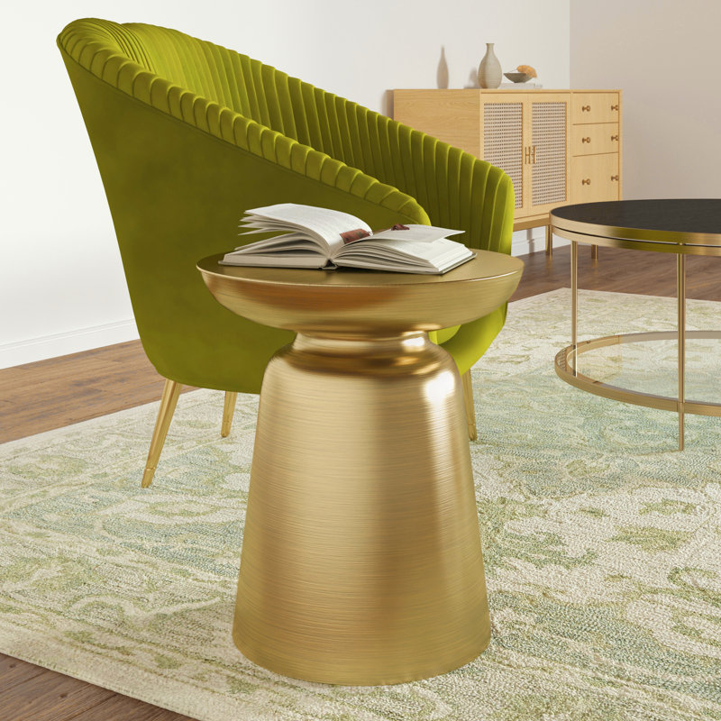 Shenna Handcrafted Solid Round Drum End Table, Gold