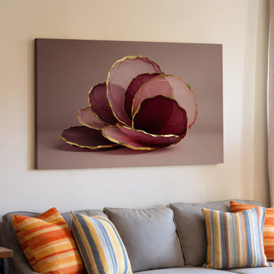 Abstrait pétales floraux bourgogne et roses abstraits avec impression dorée sur toile moderne pour le salon, la chambre à coucher, le bureau, le couloir, le vestibule, le mur de la galerie et la décoration moderne