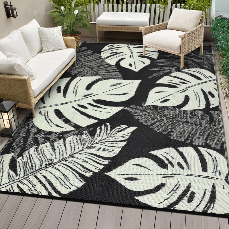 Large Waterproof Outdoor Rug - Reversible Plastic Straw Patio Carpet - Modern, Washable, UV Resistant, Collapsible, Storage Bag & Stakes - For RV, Camping, Deck, Beach - 9x18ft, Black Rice, USA
