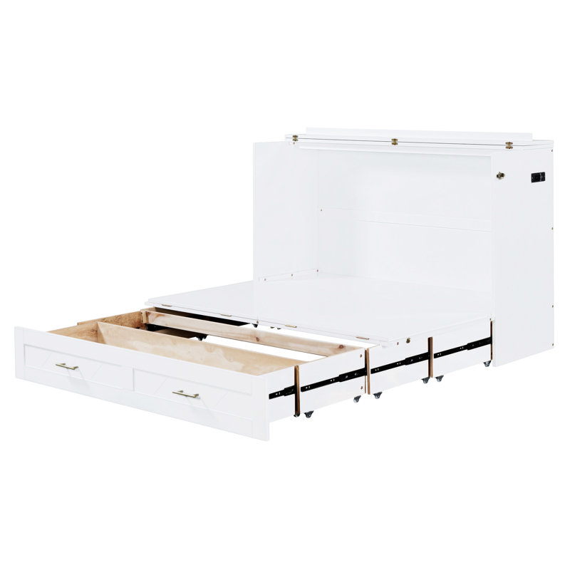 Agostinho Henline Murphy Bed with Drawer and USB Ports & AC Outlets, Wall Bed with Pulley Structure Design, Queen, White