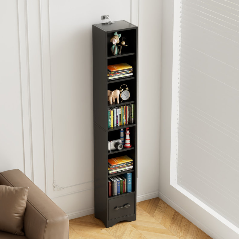 Melgarejo 7 Tier Tall Narrow Bookshelf With Storage Drawer, 71" Compact Corner Bookcase, Freestanding Shelf Organizer Unit For Living Room, Bedroom, Home Office