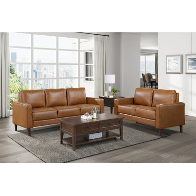 Eric Mid Century Faux Leather 2-Piece Living Room Set with Exposed Tapered Legs, Pocket Coils & Durable Frame