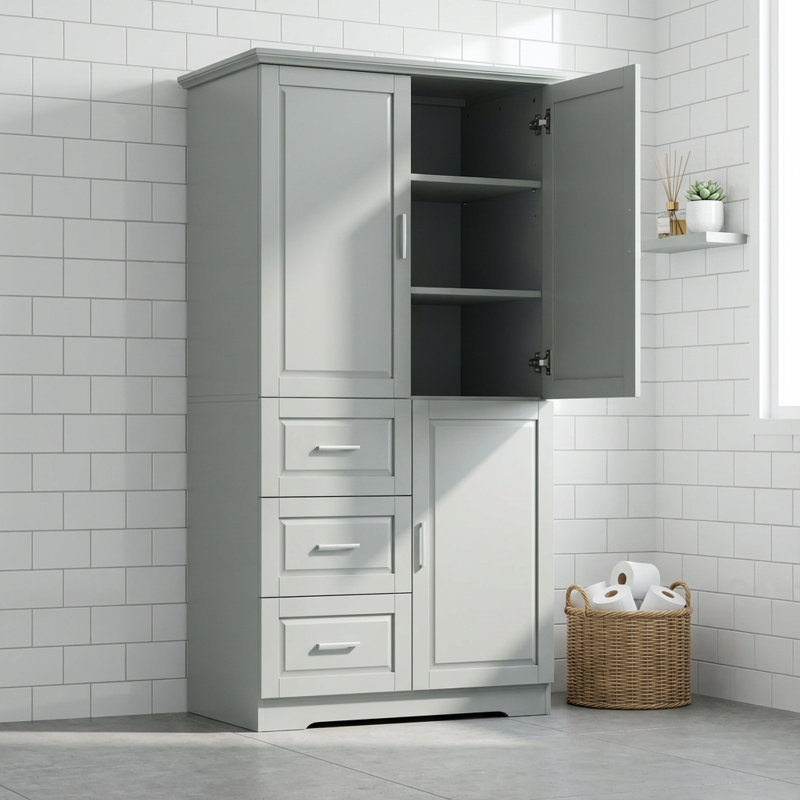 Tall Wide Storage Cabinet with Three Doors and Drawers for Versatile Home Organization, Gray
