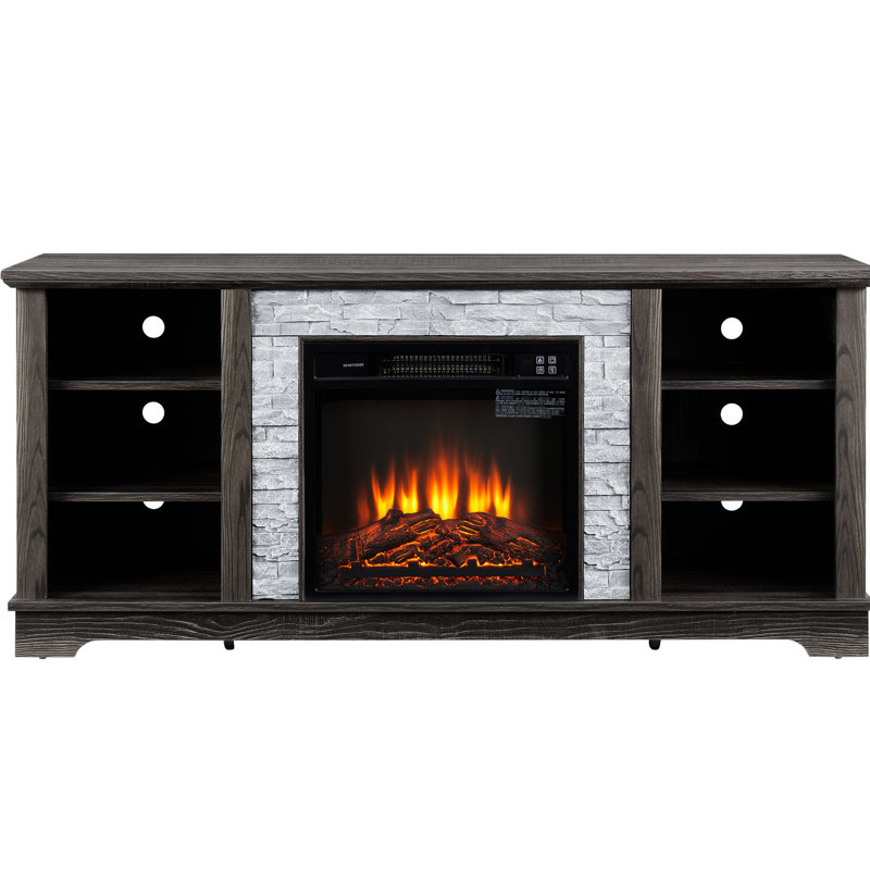 Foyer électrique avec faux entourage, gris, insert de 18 po, rangement ouvert, pour téléviseur de 65 po, meuble de divertissement moderne gris - rangement pour téléviseur, console
