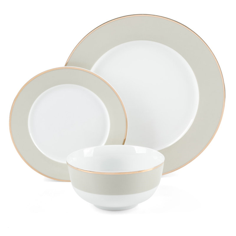 Gray and Off-White Porcelain 12-Piece Dinnerware Set with Gold Rim