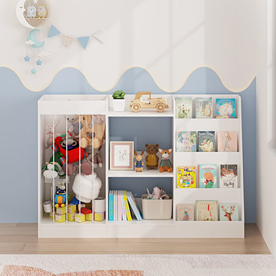 3-in-1 Kids Bookshelf with Toy Storage, Montessori Toddler Bookcase with Forward-Facing Display and Stuffed Animal Sling, White Children