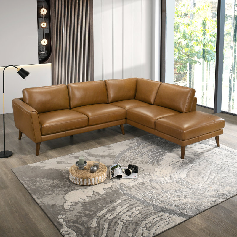 Canapé modulaire en cuir véritable 2 pièces Mouloud, Accoudoir à droite (vu de face), Cuir véritable brun clair