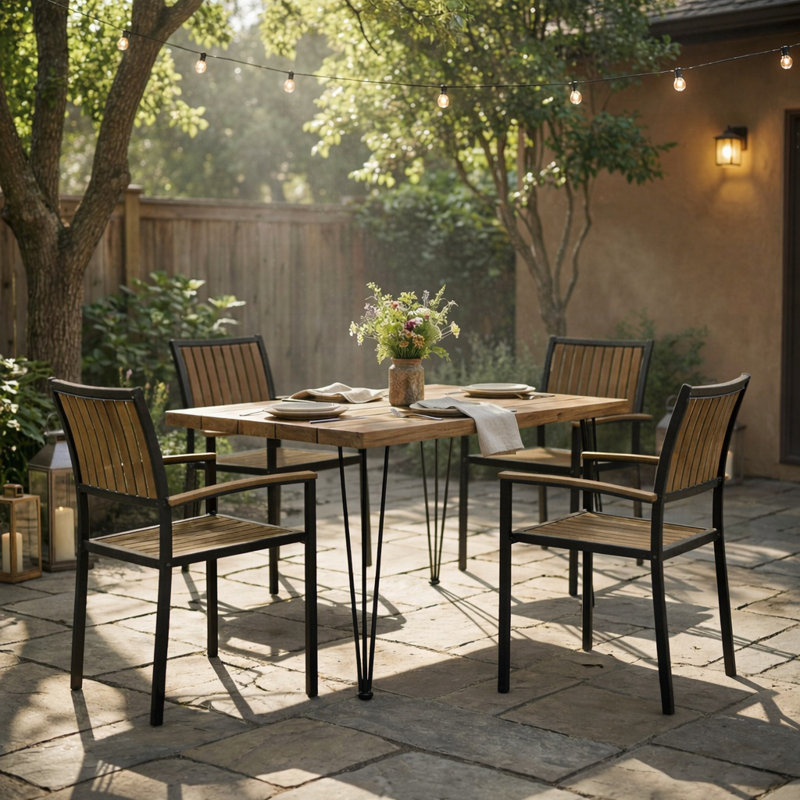 Ensemble de salle à manger 5 pièces d'extérieur moderne en bois d'acacia, table carrée et chaises pour patio, terrasse, cour arrière, porche