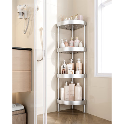 Corner Shower Caddy Stand-4 Tier Rustproof Anodized Aluminum Standing Shower Organizer-Shower Caddy Corner-Dual Stability to Anti-Shaking-Height-Adjustable Legs for Uneven Surfaces-Silver