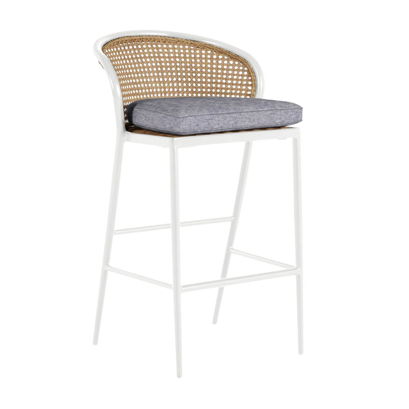 Havana 29.75" Patio Bar Stool with Cushion, Welt, Chalk/Natural Cane, Intermix Indigo