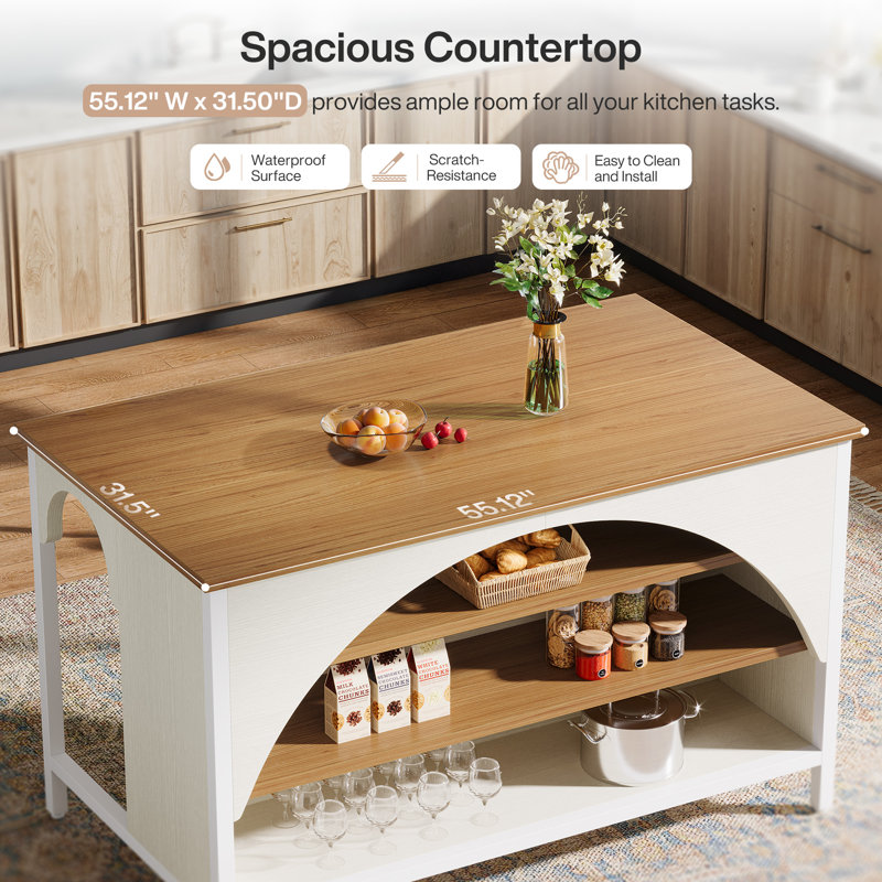 Kitchen Island With 3 Storage Shelves, 55 Inch Farmhouse Kitchen Shelf Bar Table With Large Worktop, White