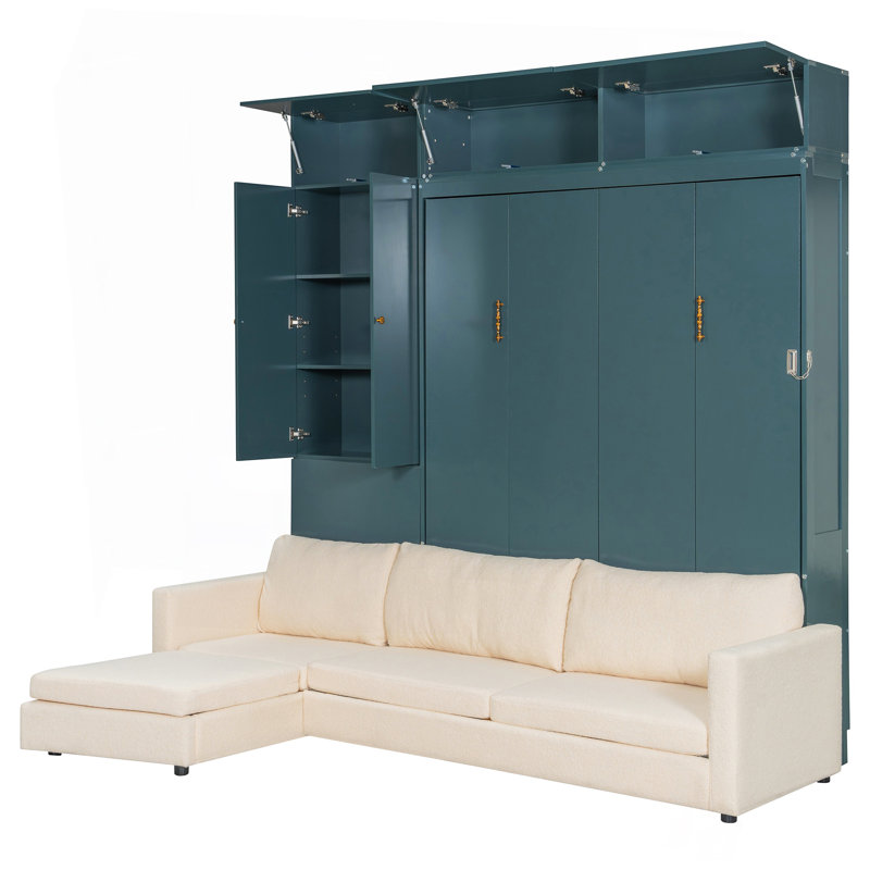 Grand lit escamotable mural avec canapé et tablettes, panneau vert, canapé beige, Vert