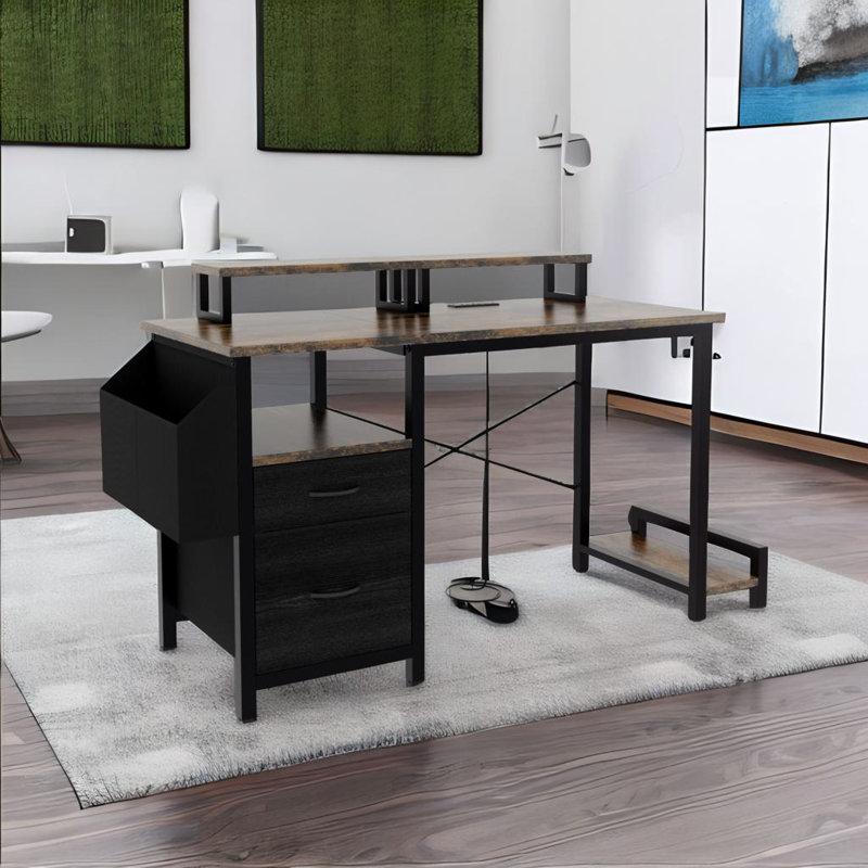 Bureau avec prise de courant, Brun, Noir, noir, noir, noir