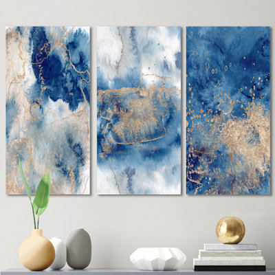 Art mural en marbre bleu doré, ensemble abstrait moderne - nuages de marbre bleu et or III