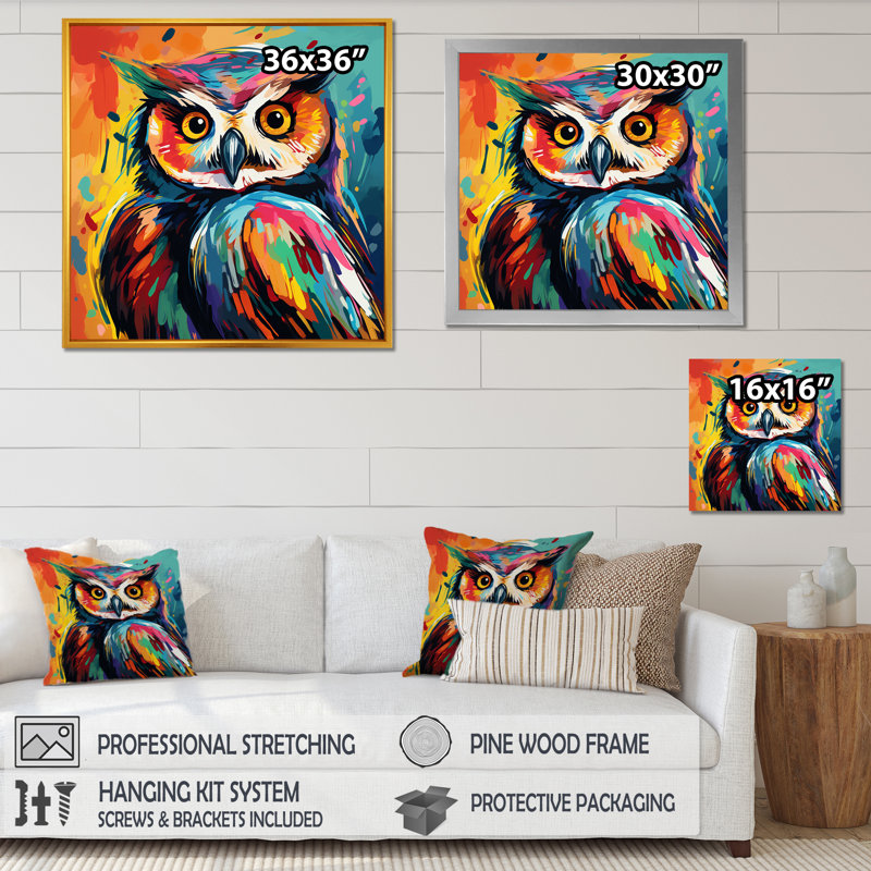 Chouette multicolore «Popart», art mural, Toile tendue, H 36 po x l 36 po x P 1,5 po